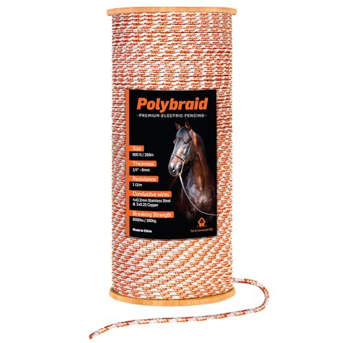Electric Fence Polybraid 660ft Thickness 1/4" - Premium Heavy Duty Braided Polyrope - High Visible Rope Fencing for Horse, Cattle, Livestock - 6 Wire Conductors: 2X Cooper and 4X Stainless Steel - size: 660ft / 200m