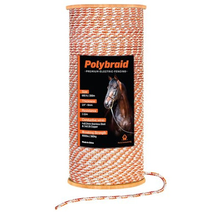 Electric Fence Polybraid 660ft Thickness 1/4" - Premium Heavy Duty Braided Polyrope - High Visible Rope Fencing for Horse, Cattle, Livestock - 6 Wire Conductors: 2X Cooper and 4X Stainless Steel - size: 660ft / 200m