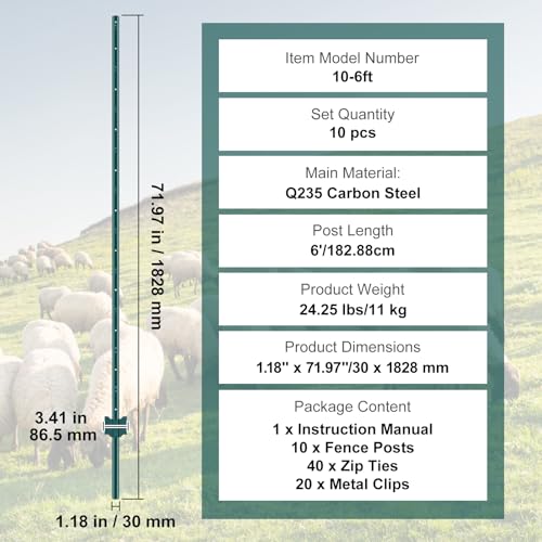 VEVOR 6 Feet Fence Post, 10 Pack U-Channel Heavy Duty Metal Fence Posts with 40 Zip Ties & 20 Clips, Sturdy Steel Fence Stakes for Garden Yard, Lawn, Farms and Outdoor Wire Fencing, Green - size: 6 Feet 10 Pack