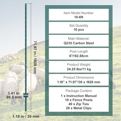 VEVOR 6 Feet Fence Post, 10 Pack U-Channel Heavy Duty Metal Fence Posts with 40 Zip Ties & 20 Clips, Sturdy Steel Fence Stakes for Garden Yard, Lawn, Farms and Outdoor Wire Fencing, Green - size: 6 Feet 10 Pack