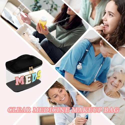 uekeboag Chenille Letter MEDS Clear Medicine Makeup Bag(04Black) | Personalized Transparent Large Waterproof Nylon Cosmetic Storage bag with Top Handle, Meds First Aid Travel Organizer Bag - color: 04Black-Meds