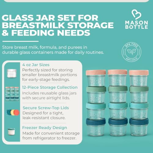 Mason Bottle Glass Breastmilk Storage Jars with Airtight Lids, 4oz,12-Pack - size: 4oz Jar Set (12 Pack)