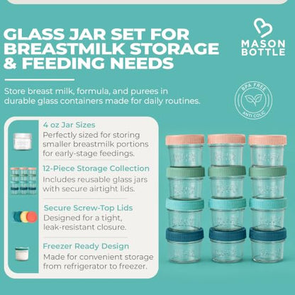 Mason Bottle Glass Breastmilk Storage Jars with Airtight Lids, 4oz,12-Pack - size: 4oz Jar Set (12 Pack)