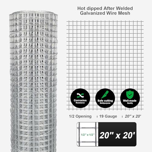 Hardware Cloth 20'' x 20' 1/2 in Galvanized Wire Mesh Roll (19 GA) Chicken Wire Fence Roll for Chicken Pen/coop Fences, Screen mesh, Rabbit/Snake Fences, Poultry enclosures, Handicraft Making, etc. - size: 20In x 20Ft