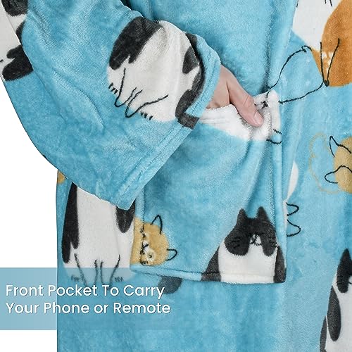 Catalonia Wearable Blanket with Sleeves & Foot Pocket for Adults - color: Cat Blue, size: Fleece