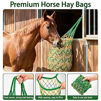 3 PCS Hay Bags for Horses with Carabiners - Heavy Duty Slow Feeder Hay Nets, 2.3-Inch Hole for Horses & Goats, Reduces Waste, Stall Trailer Pasture