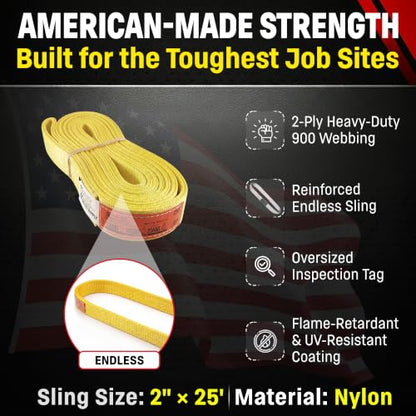DD Sling 2" x 25' Nylon Endless Lifting Sling – USA Made, 12,800 lb Vertical, 10,200 lb Choker, 25,600 lb Basket – 2 Ply Heavy Duty 900 Webbing, Type 5 Endless Rigging Sling - size: 2"x25'