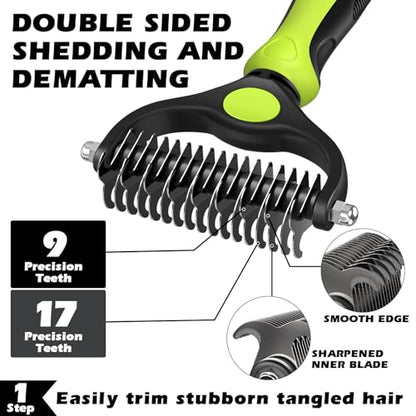 Professional 3PCS Self Cleaning Slicker Brush & Pet Grooming Rake & Flea Comb for Dogs,Cats and Horses | Double-Sided Dematting Comb & Skin Friendly Deshedding Grooming Tool | Pet Supplies (Green) - color: Green