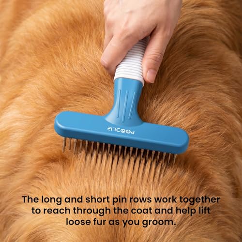 POODLIE Poodle Pet Dog Grooming Rake | Dematting Tool with Stainless Steel Shedding Comb for Pets | 2 Rows of Pins Gently Remove Loose or Tangled Hair from Undercoat (Blue) - color: Blue
