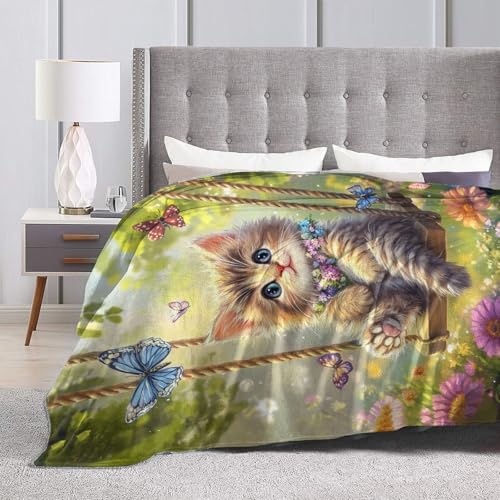Funny Cat Blanket Gifts for Girls Boys Butterfly Throw Blankets Cute Cat on a Swing Fleece Flannel Stuff Soft Lightweight Flowers Plush Blanket for Kids Teens Adults Bed Sofa Decor 60"x50" | Cute Cat on a Swing Stuff Fleece Flannel Throws Soft Lightweight