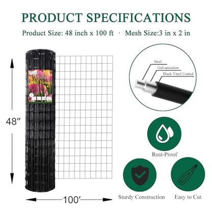 Black PVC Coated Welded Wire Fence 48" x 100' Roll, 2"x3" Mesh, 16 Gauge - color: Black, size: 2''x3'' 16GA 48''x100'
