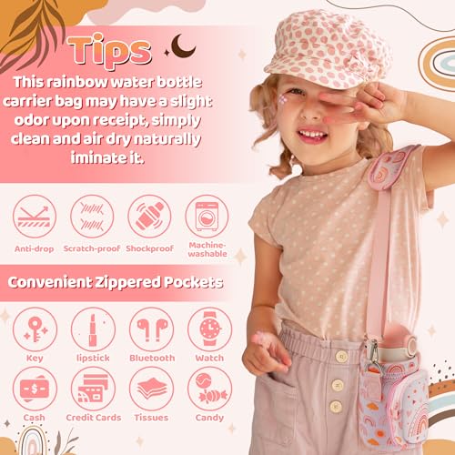 Water Bottle Carrier Bag with Strap for Kids - Water Bottle Bag Holder with Padded Strap Pocket 10/12/14/16/18Oz for Boys Girls School Walking Hiking Camping - style: Boho