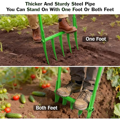 56'' Heavy Duty Broadfork for All the Soils, Detachable Pitchfork, 5 Sharp Cambered 11'' Tines Bord Fork Garden Tool, Ergonomic Handles, Good Package, Easy Assembly, Cultivator & Tiller, Green.