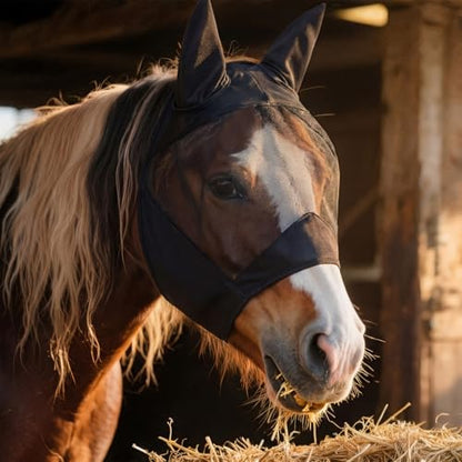 3 Pcs Horse Fly Mask with Long Nose and Ear, Black Meshs