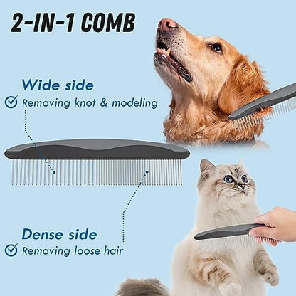 Docrok Pet Grooming Brush and Metal Comb Combo for Dogs & Cats, Gray | Dematting Deshedding Undercoat Rake, Cat Brush Dog Brush Shedding Tool for Long Matted Haired Pets - color: Gray
