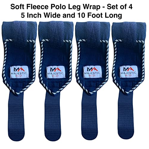 Majestic Ally Fleece Polo Leg Wraps with Braided Rope for Horses - Set of 4-10 Foot Long and 5 Inch Wide (Navy) - color: Navy