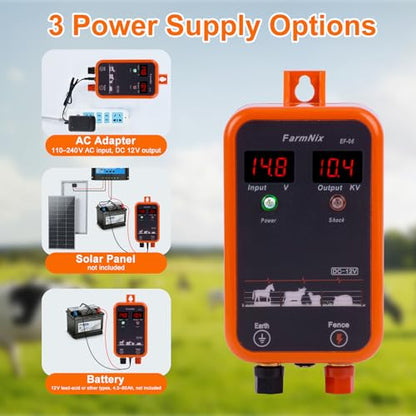 FarmNix 10KV Electric Fence Charger with LED Indicator, 5 Miles Electric Fence 1 Joules Pulse Energy,Waterproof Electric Fence Kit Suitable for Farm Animals,Pets,Poultry,Ranches and Gardens
