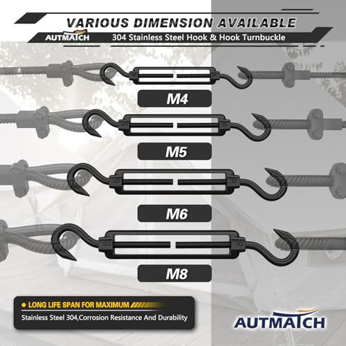 AUTMATCH M6 Hook&Hook Turnbuckle - 304 Stainless Steel Wire Rope Tensioner | Adjustable Turnbuckle for Cable Railing, Fence & Shade Sail Hardware, Wire Rope Tension Kit, 6-Pack, Black - color: Black Tone - Hook & Hook, size: M6