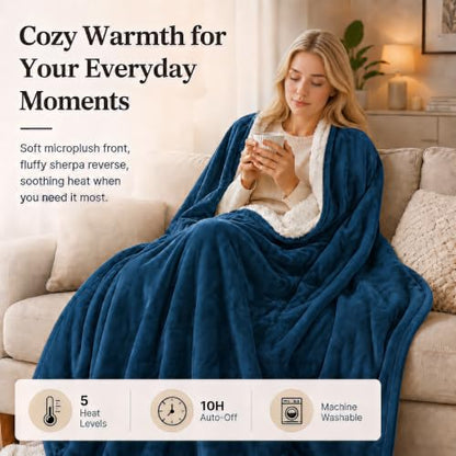 Electric Heated Blanket 62"x84" Twin Size, Dark Blue&White | Safe All Night, Dual-Sided Microplush Sherpa for Bedroom Use, 4 Heat Settings & 10 Hours Auto Off, Machine Washable - color: 09-darkbule, size: Twin(62"x84")