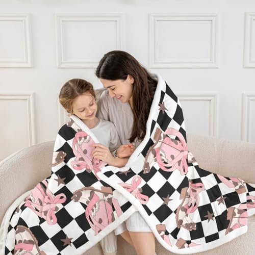 Erosebridal Cowgirl Western Fleece Blanket,40"X50" Kids Pink Bow Sherpa Blanket,Black and White Buffalo Plaid Fuzzy Plush Throw for Kids Girls Adults Women Cowgirl Boots Throw Blankets - color: Black Pink White, size: 40"x50"