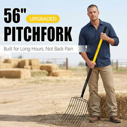 Nohovu Heavy Duty 10 Tine Pitchfork with Fiberglass Handle, 56 Inch Garden Fork for Hay, Compost, Mulch & Yard Work