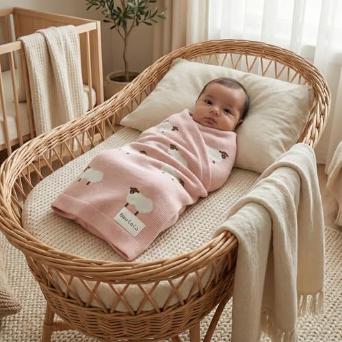 Luxury Knit Baby Receiving Blanket - 100% Cotton Soft Cozy Lightweight Receiving Swaddler Blanket for Shower Gift Registry for Newborns Infants Toddlers (Sheep - Light Pink) - color: 03- Sheep - Light Pink