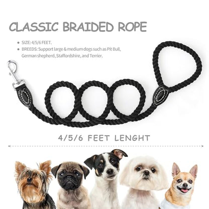 Mile High Life Dog Leash Braided Cotton Rope with Leather-Reinforced Ends - color: Black, size: 72 Inch-1/2"