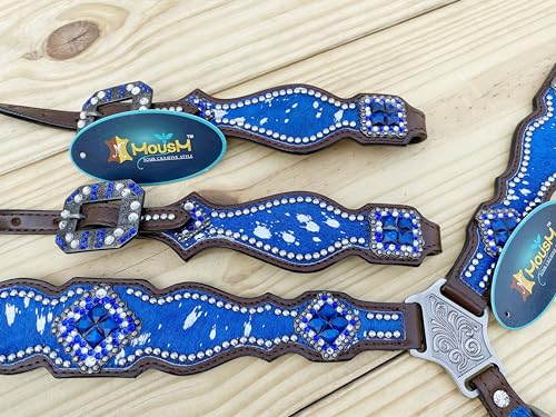 Western Leather Headstall & Breast Collar Set for Horses - Valentine’s Day Silver Metallic Cowhide with Rhinestones - color: Royal Blue
