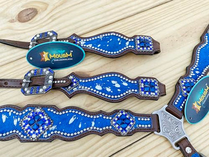 Western Leather Headstall & Breast Collar Set for Horses - Valentine’s Day Silver Metallic Cowhide with Rhinestones - color: Royal Blue