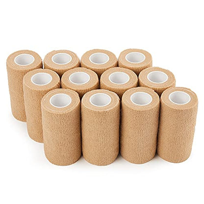 Self Adhesive Bandage Wrap - 4 Inch x 5 Yards, 12 Pack | Cohesive Tape for Sports Support & Vet Wrap for Dogs, Horses, Pets | Breathable & Painless Removal (Beige)