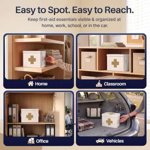 Flexzion Large Metal First Aid Box Empty, 8.5-Inch, White with Gold Cross - color: White - Gold Cross, size: 8.5 Inch without Latch Lock