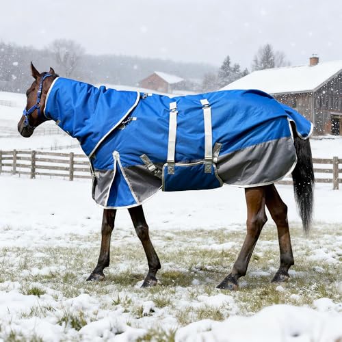 Winter Horse Blanket Horse Turnout Blanket Waterproof 1200D 260g Filled Medium Weight Horse Blanket with Detachable Neck Cover - size: 78in