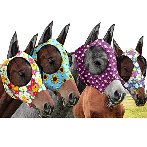 Frienda 4 Pcs Horse Fly Mask with Ears Mesh Comfort, Flower, Medium - size: Medium