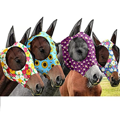 Frienda 4 Pcs Horse Fly Mask with Ears Mesh Comfort, Flower, Medium - size: Medium