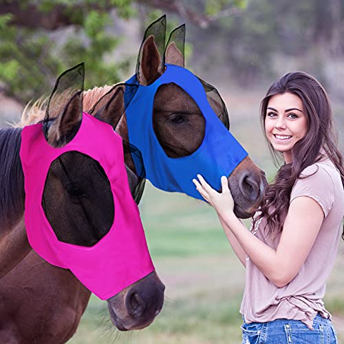 Weewooday 2 Pcs Horse Fly Mask with Ears, Soft Stretchy Horses Face Masks for Flies, Breathable Mesh Eye Cover, UV Protection Horse Masks for Pasture, Barn, Turnout(L,Royal Blue, Pink) - color: Royal Blue, Pink, size: L