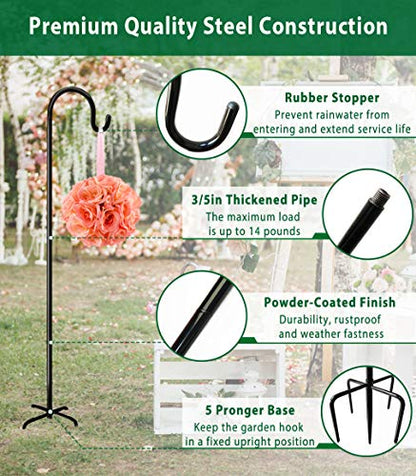 Adjustable Outdoor Shepherd Hook Stand with 5 Prong Base, 60 Inches Tall 3/5 in Thick, Shiny Black (2 Packs) - size: 60in-2pcs
