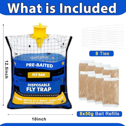 Large 8 Pack Pre-Baited Fly Traps Outdoor Fly Trap for Patio Farm Ranch | 50g Dissolvable Bait Fly Hunter for Flying Insects, Weatherproof Outdoor Fly Bags, Fly Catcher for Chicken Coop Barn - size: 8 Packs
