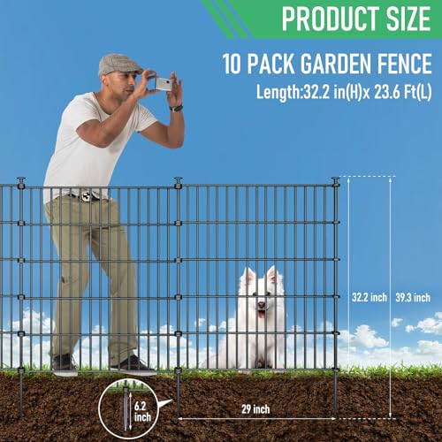 10 Panel No Dig Metal Garden Fence 32"H x 23.6'L Dog Fence Outdoor for Yard | Rustproof welded metal with ground stakes for outdoor yards, patios. Modular design restrains pets, rabbits and small animals - size: 10 Panels-23.6 ft(L) X 32 in(H) without Gat