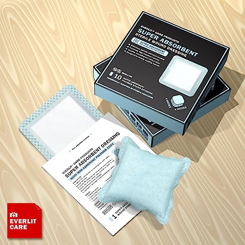 EVERLIT Super Absorbent Dressing for Wound Care | Nonstick Soft Surgical Gauze Pad for Heavily Exuding Wounds | Large Sterile Non-Adhesive Bandage for Fast Healing Wound Care | Pack of 10 (4" x 4") - size: 4" x 4"