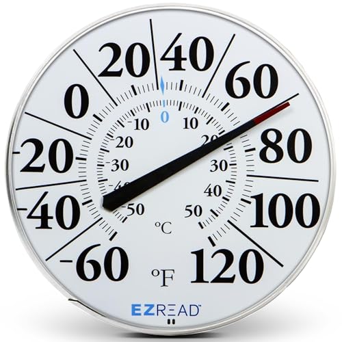 EZREAD Hanging Dial Thermometer 840-1210 Weather Thermometers for Indoor and Outdoor Use, Large 12.5 Inch Diameter, Easy to Read Numbers, Basic White - color: White