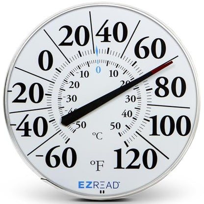 EZREAD Hanging Dial Thermometer 840-1210 Weather Thermometers for Indoor and Outdoor Use, Large 12.5 Inch Diameter, Easy to Read Numbers, Basic White - color: White