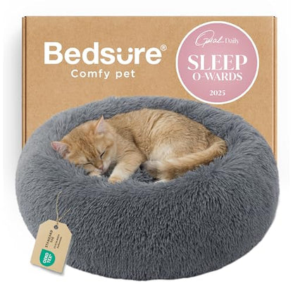 Bedsure Calming Cat Beds Donut Round Washable Kitten Bed,20 inches Darkgrey | Fluffy Faux Fur Cuddler,Machine Washable,Anti-Slip Bottom,Anti-Anxiety,Deep Sleeping for Cats&Small Pets Up to 15 Lbs - color: Dark Grey, size: 20"L x 20"W x 6"Th