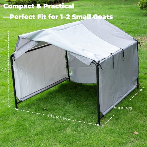 Goat Shelter for Outside, Portable for 2 Goats, 49 x 49 x 43 in Metal Frame | Three-Sided Windbreak Panels And Ground Stakes, For Backyards, Pastures And Small Livestock Enclosures
