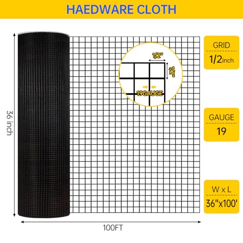Hardware Cloth, Galvanized Chicken Wire Fence, 19 Gauge Vinyl Coated Wire Mesh Roll, Black Welded Wire Fencing Roll Gopher Wire Mesh Roll for Garden Fencing Rabbit Snake Wire (Black 36IN 100FT) - color: 36" x 100' Black