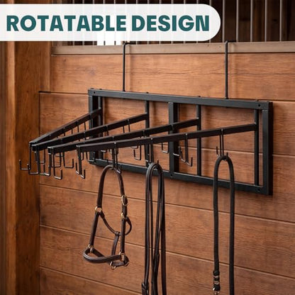 40 Hook Horse Tack Rack Heavy Duty Metal Bridle Organizer with 4 Swivel Arms, Wall Mount & Stall Rail Hanging Storage for Bridles Halters Reins Equestrian Barn Stable Equipment
