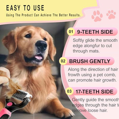 Pet Grooming Rake for Dogs & Cats - Double-Sided Deshedding and Dematting Tool, Gently Remove 95% of Loose Undercoat & Mats for Long-Haired Pets, Painless Fur Brush for Shedding Control (Pink) - color: Pink