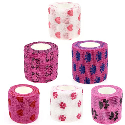 Self Adhesive Bandage Wrap Animal Cohesive Bandage Self Adherent Wrap First Aid Tape for Dogs Cats Horses Birds & Wrist Healing Ankle Sprain (2 Inch Pink Set 6 Rolls) - color: 2 Inch Pink Set 6 Rolls