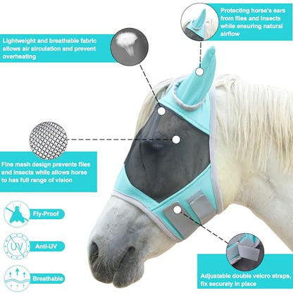 Horse Fly Mask with Ears, Full Face Equine Fly Mask UV Protection - color: Turquoise, size: Cob (Medium)