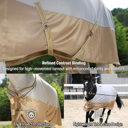 BARN & STABLE Breathable and UV Protective Tear-Resistant Mesh Horse Fly Sheet Comfy Equine Summer Sheet with Removable Web Leg Straps - color: Silver Gold, size: 69 in