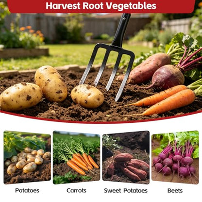 47IN Garden Pitchfork, One-piece Design 4-Tine Garden Fork Heavy Duty Digging Manure Forks for Potato Digging Mulch Spreading Loosening Soil Hay Compost Aeration Transplanting Farm Garden